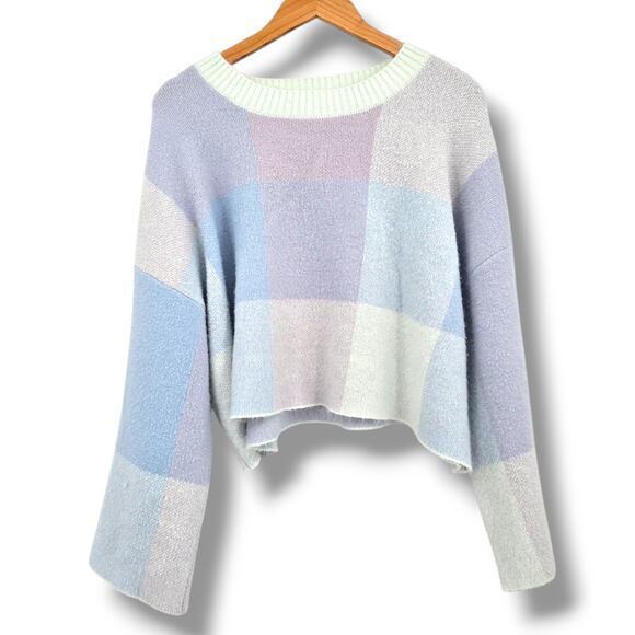 Jessica Simpson Women's Cropped Checkered Wide Sleeve Sweater Blue Size XL - Picture 1 of 10